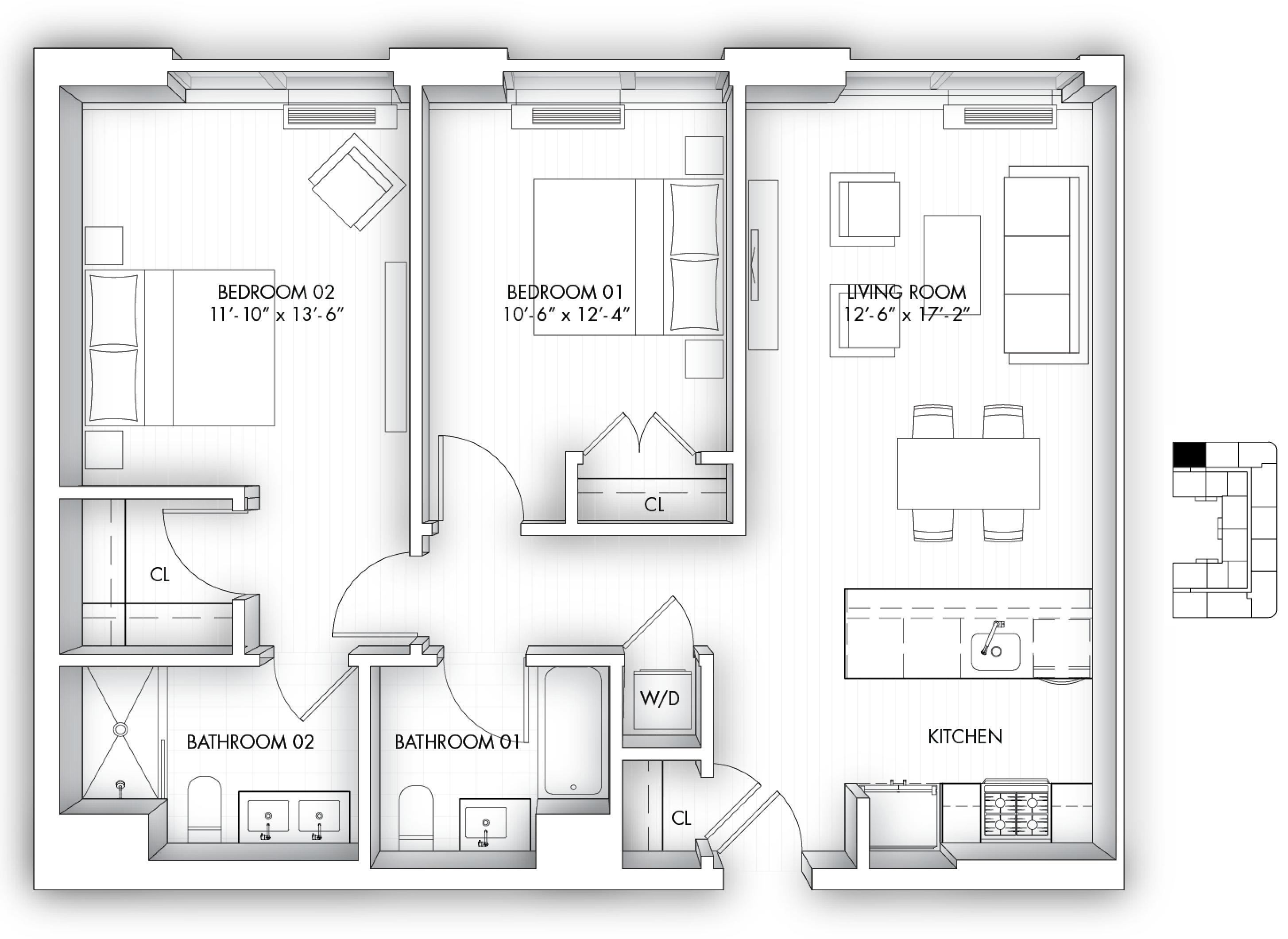 Floor plan for 2 beds, 2 baths, 1046 sqft
